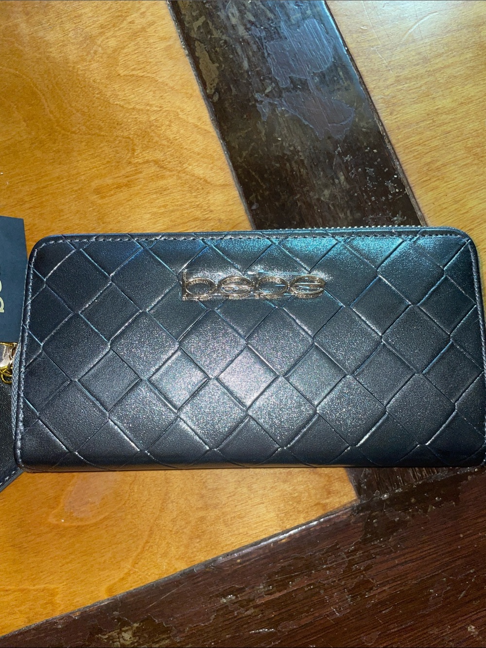 bebe SILVER Quilted Zip Wallet with Gold Accents